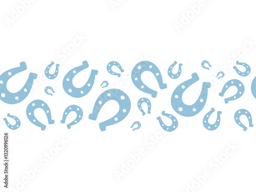 Lucky glamor horseshoe. Blue silhouette. Seamless single horizontal border. Endless vector pattern. Isolated colorless background. Symbol of good luck. Continuous ornament. Flat style. Abstract image.