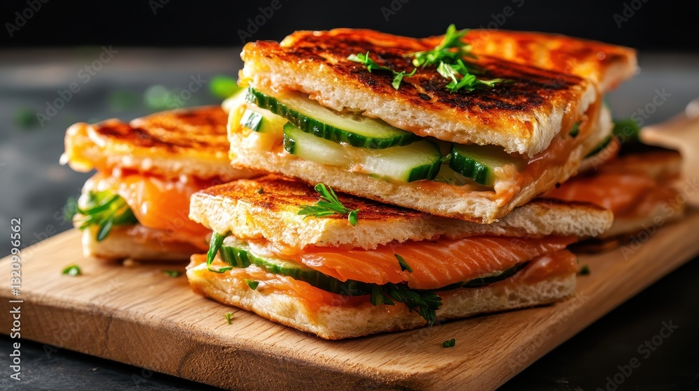 An appetizing sandwich featuring perfectly grilled bread layered with savory salmon and fresh cucumber, ideal for a satisfying meal full of flavor and texture. An appetizing sandwich featuring perfectly grilled bread layered with savory salmon and fresh cucumber, ideal for a satisfying meal full of flavor and texture.