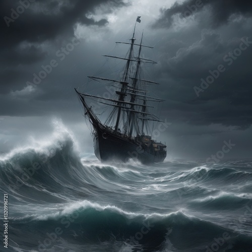 A Lone Sailing Ship Battles A Furious Storm At Sea, A Dramatic Display Of Natures Raw Power Under A Brooding, Dark Sky