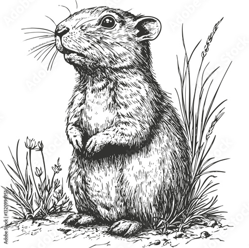 Detailed black and white illustration of a rodent in natural habitat.