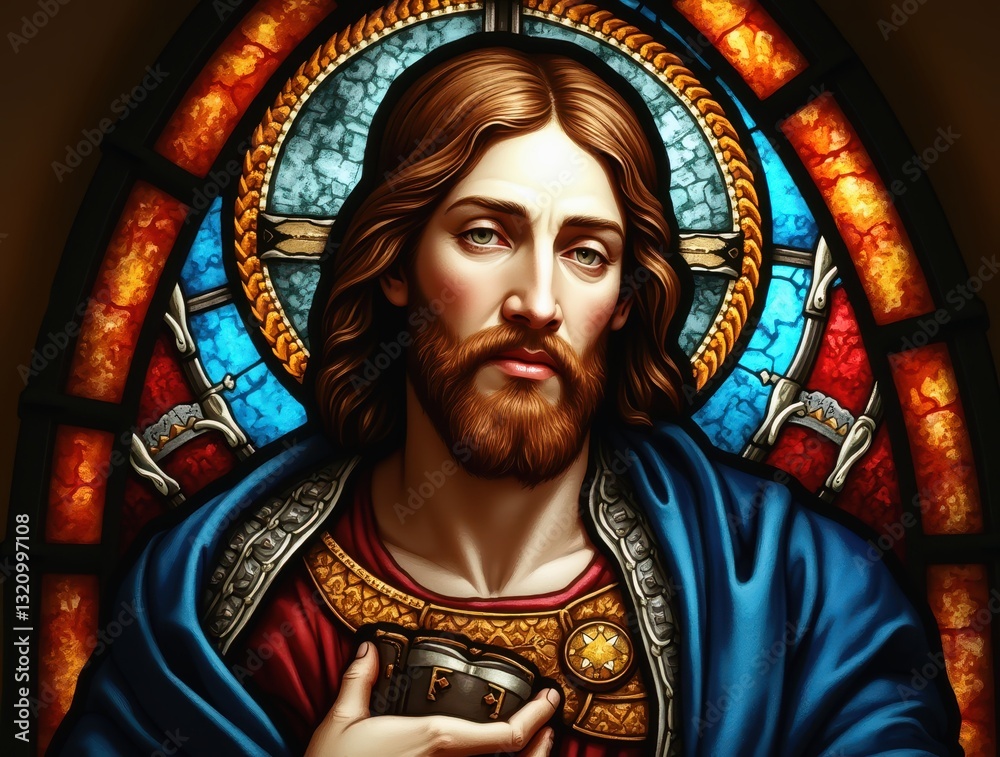 Fototapeta premium Detailed close-up of stained glass depicting jesus