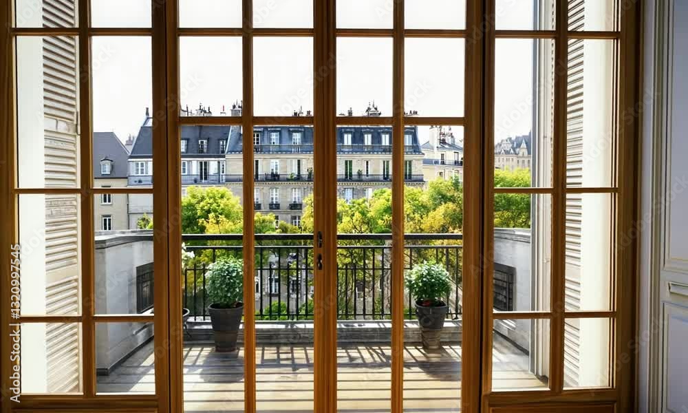 Parisian Apartment View: Sunlit Balcony and Cityscape Parisian Apartment View: Sunlit Balcony and Cityscape