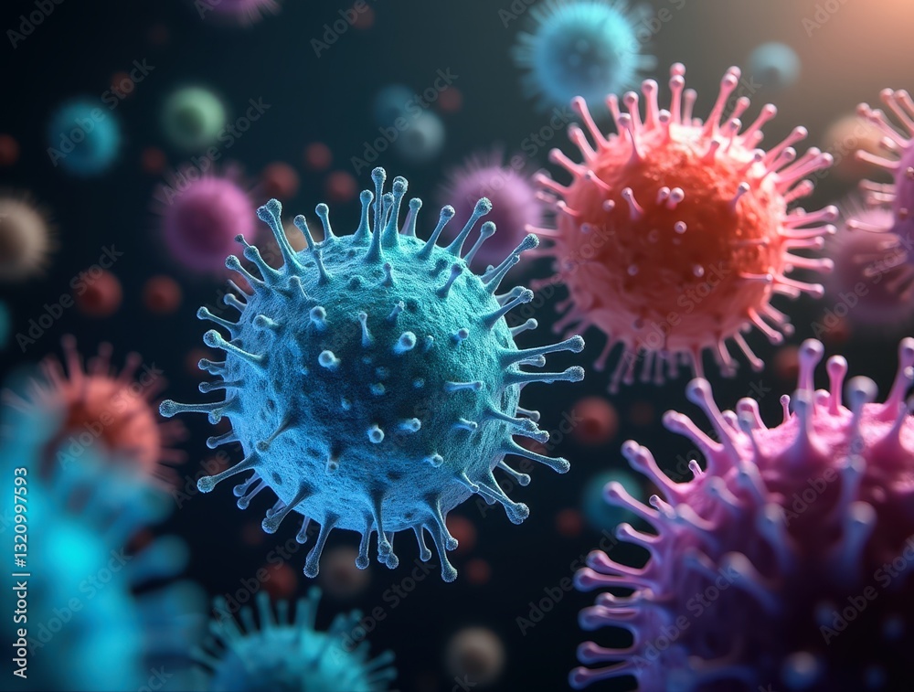 Colorful microscopic viruses floating in a dark environment Colorful microscopic viruses floating in a dark environment