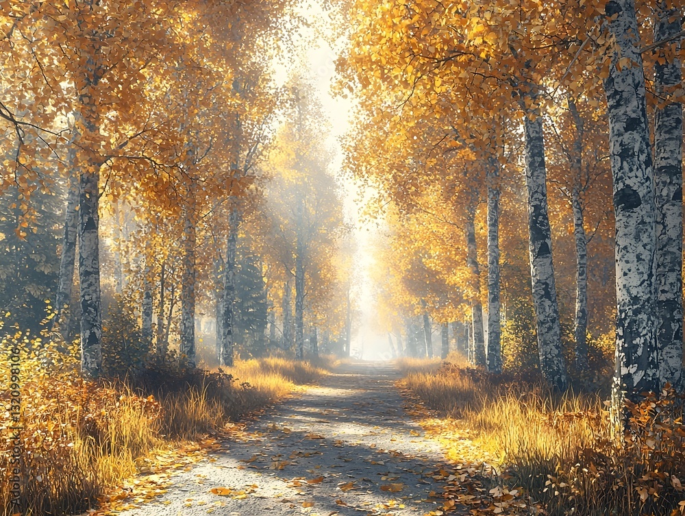 Obraz premium Serene Autumn Forest Bathed in Golden Sunlight and Soft Shadows