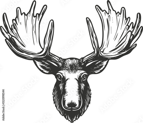 Black and white illustration of a moose head with large antlers.