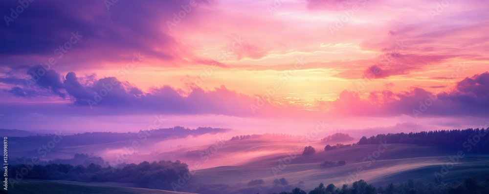Breathtaking colorful sunrise over rolling hills with dramatic cloudscape Breathtaking colorful sunrise over rolling hills with dramatic cloudscape