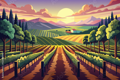 peaceful vineyard with rows of grapevines, stretching toward rolling hills at sunset.