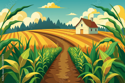 lush cornfield with golden stalks swaying, and a dirt path leading to a farmhouse.