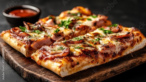 Wallpaper Mural This mouth-watering image showcases a freshly baked pepperoni pizza topped with melted cheese and garnished with fresh herbs, served on a rustic wooden board. Torontodigital.ca