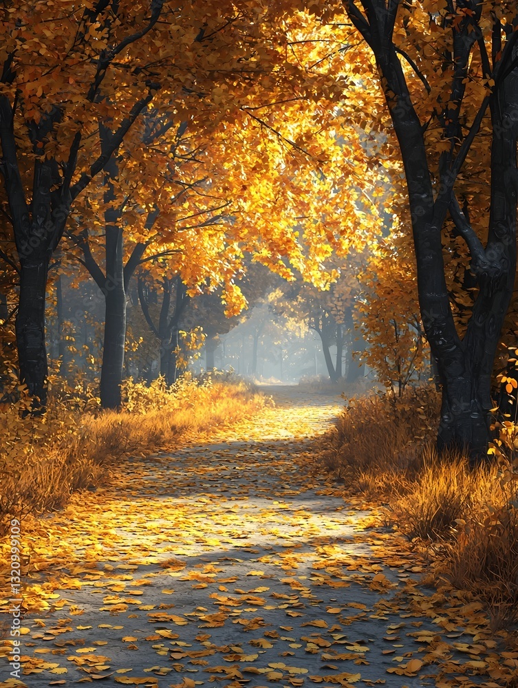 Fototapeta premium Tranquil Autumn Forest with Golden Leaves and Warm Sunlight Filtering Through the Trees
