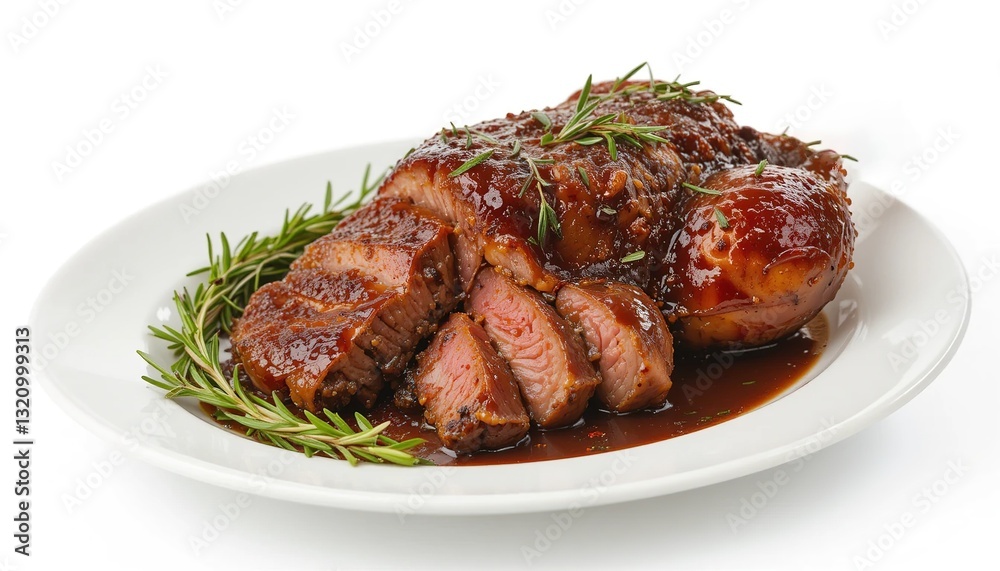 French duck confit with crispy crust, on a white plate with rosemary, on a white background French duck confit with crispy crust, on a white plate with rosemary, on a white background