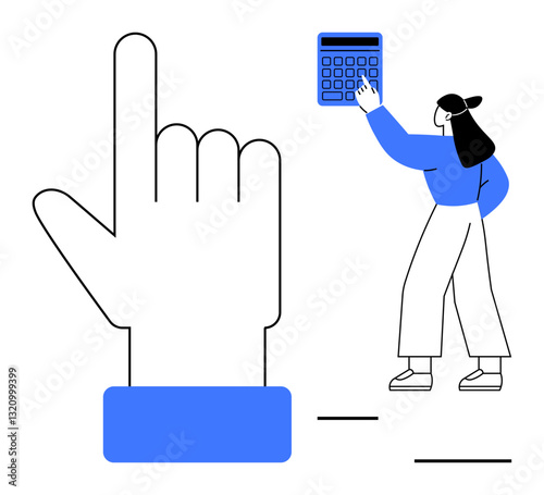 Woman interacts with calculator while nearby prominent hand gesture emphasizes. Ideal for finance, accounting, productivity, analytics, decision-making concepts, problem-solving, flat simple metaphor