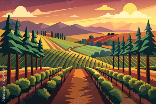 peaceful vineyard with rows of grapevines, stretching toward rolling hills at sunset.
