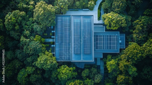 Aerial View of a Modern Architectural Structure Surrounded by Lush Green Trees