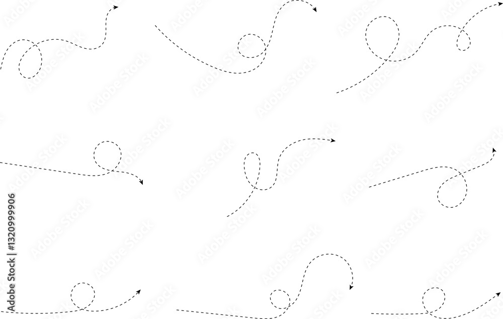 Hand drawn dotted arrows set illustration isolated on white background. Hand drawn freehand different curved lines, swirls arrows. Curved arrow line. Doodle, sketch style. Hand drawn dotted arrows set illustration isolated on white background. Hand drawn freehand different curved lines, swirls arrows. Curved arrow line. Doodle, sketch style.