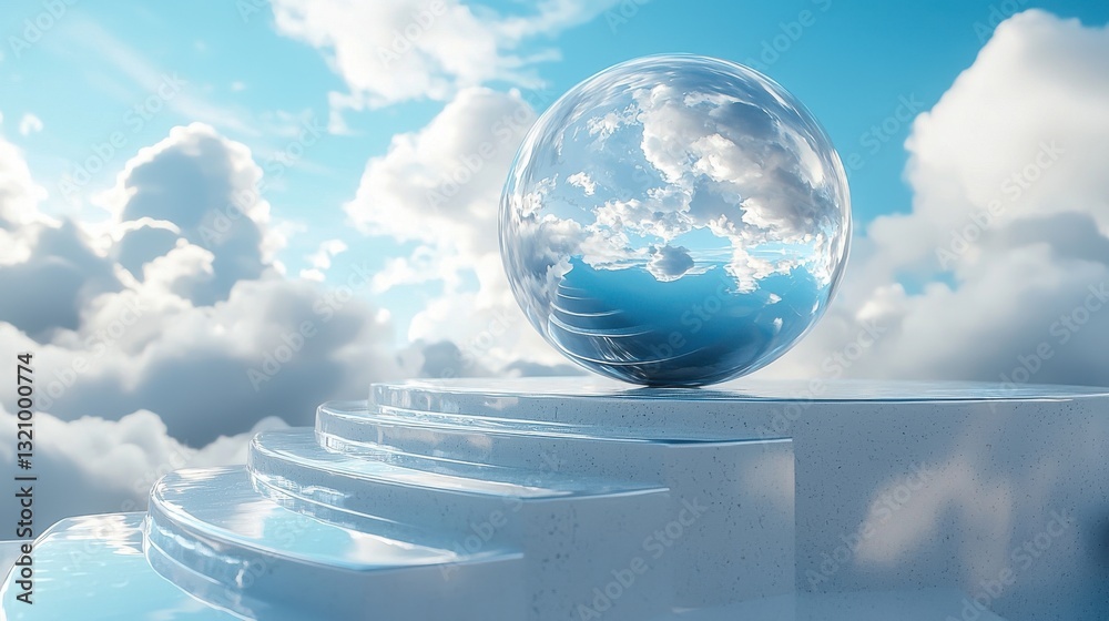 Crystal Sphere on Smooth Steps Reflecting Clouds Under a Bright Sky Crystal Sphere on Smooth Steps Reflecting Clouds Under a Bright Sky