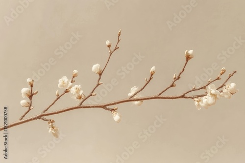 Frozen Branch Displaying Tiny Buds Beginning to Bloom in Early Spring