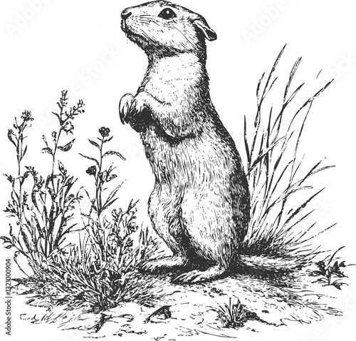 Vintage illustration of a prairie dog standing amidst grass and flowers.