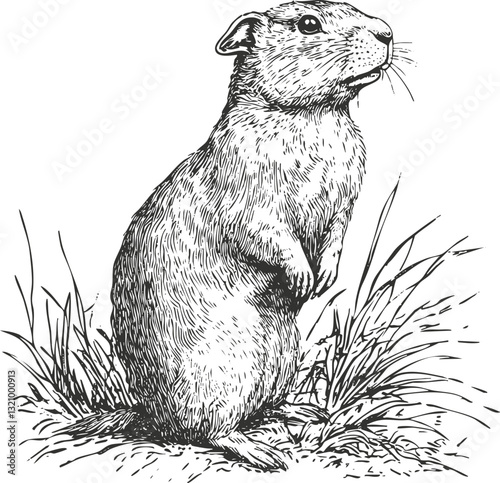 Detailed black and white sketch of a standing prairie dog in grass.