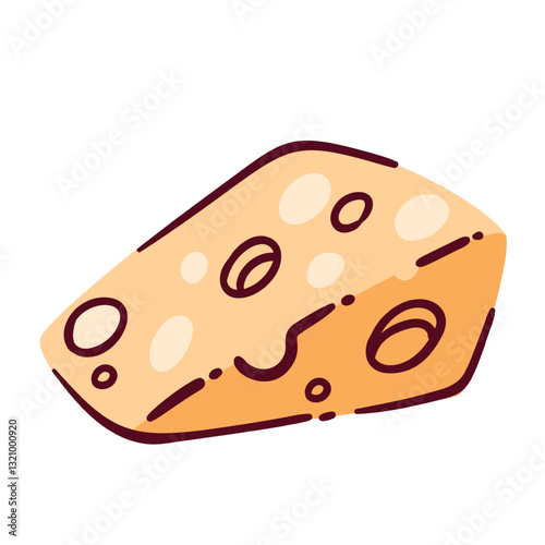 Triangle slice of cartoon cheese with holes. Funny triangular yellow piece of snack, gourmet chunk. Dairy product, food ingredient mascot, delicatessen cartoon cheese portion vector illustration