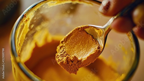 Golden blend, A spoonful of turmeric being added to a glass drink