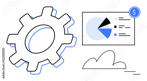 Gear symbolizing automation next to a pie chart and a dollar icon. Cloud implies digital tools. Ideal for business, technology, operations, finance, data, cloud computing, flat simple metaphor