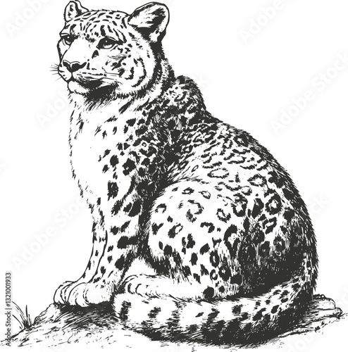 Black and white illustration of a leopard sitting, showcasing detailed spots.