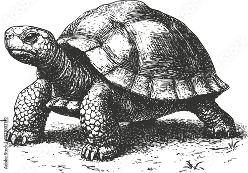 Detailed black and white illustration of a tortoise in traditional style.