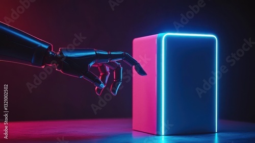 Futuristic Robot Hand Reaching Towards a Luminous Cube in a Dark Neon Environment