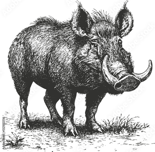 Detailed black and white illustration of a warthog in nature.