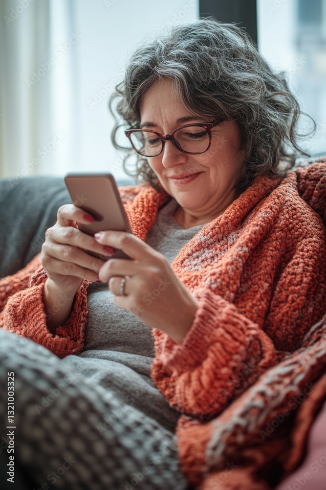 Elderly woman on a couch, texting on her smartphone. Elderly woman on a couch, texting on her smartphone.