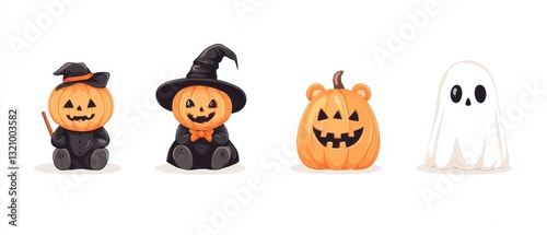 Halloween character vector set. Halloween characters like pumpkin vampire, teddy bear, ghost and grim reaper isolated in white background