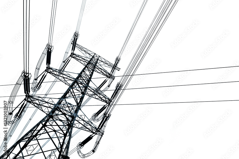 Photo of high voltage power tower, electriciy pylon and electric line cables isolated on white or transparent background, png cut out