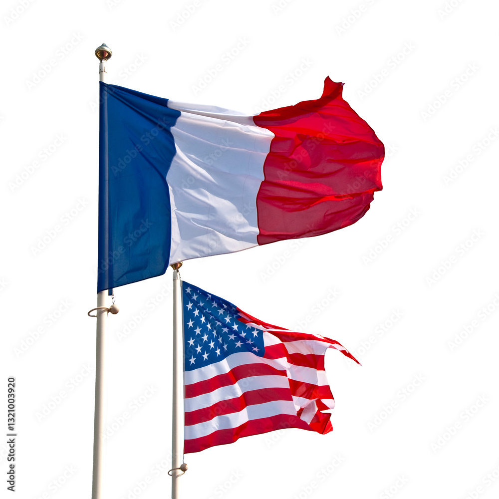 Photo of poles with waving American and French flags together, US and France friendship symbol isolated on white or transparent background, png cut out