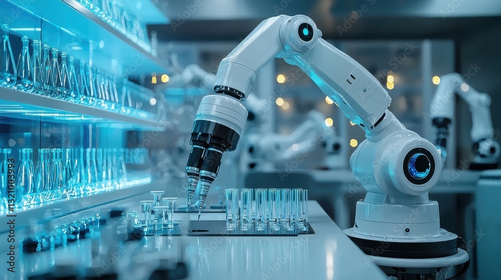 Robotic Arm Handling Glass Vials in a High-Tech Laboratory with Advanced Technology Robotic Arm Handling Glass Vials in a High-Tech Laboratory with Advanced Technology