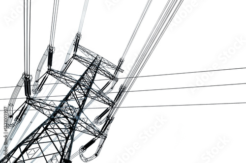 Obraz na płótnie Photo of high voltage power tower, electriciy pylon and electric line cables isolated on white or transparent background, png cut out w salonie