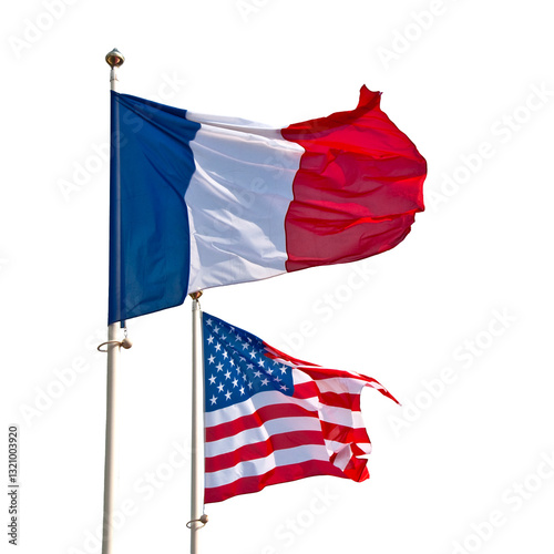 Photo of poles with waving American and French flags together, US and France friendship symbol isolated on white or transparent background, png cut out