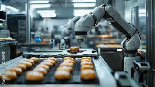 Robotic Arm Assembling Freshly Baked Donuts in a Modern Food Production Facility