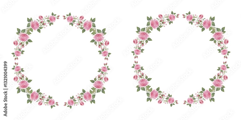 Illustration flower frame with pink roses on white background. Hand drawn clip art. Perfect for card, invitation, printing, wrapping, postcard, Baby shower, Birthday Illustration flower frame with pink roses on white background. Hand drawn clip art. Perfect for card, invitation, printing, wrapping, postcard, Baby shower, Birthday