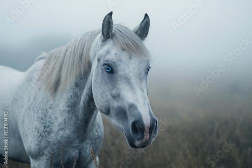 Close-up portrait of an Appaloosa horse with blue eyes and a speckled coat, standing in a misty meadow, with morning fog adding an ethereal, dreamy quality. Generative AI