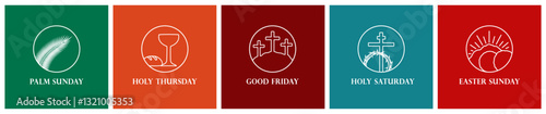 Holy Week line art icons set with Easter Sunday holiday symbols. Happy Easter, posters concept with palm branch, bowl and bread icons, crown of thorns, three crosses on Calvary, open tomb and sun beam