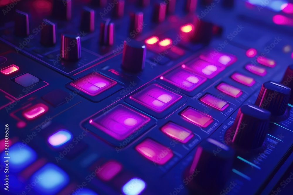 Close-up of a music production console glowing with vibrant pink and blue lights. A futuristic and energetic vibe. Close-up of a music production console glowing with vibrant pink and blue lights. A futuristic and energetic vibe.