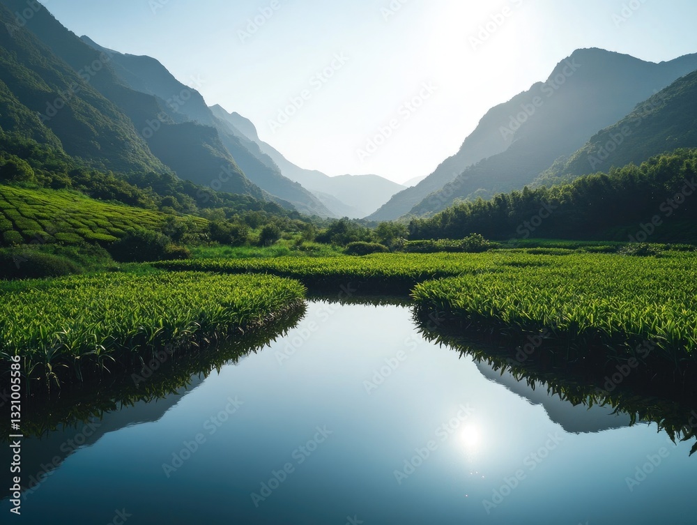 Fototapeta premium Serene mountain valley landscape with reflections on a tranquil lake
