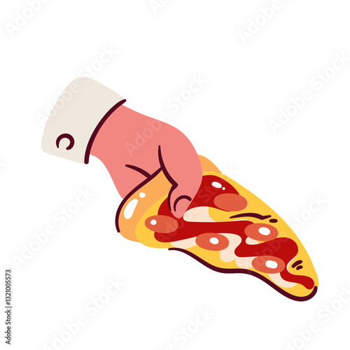 Hand holding cartoon pizza slice. Courier or pizzaiolo chef giving piece of Italian pizza with crispy crust, pepperoni and cheese. Fast food, pizzeria mascot, cartoon snack offer vector illustration