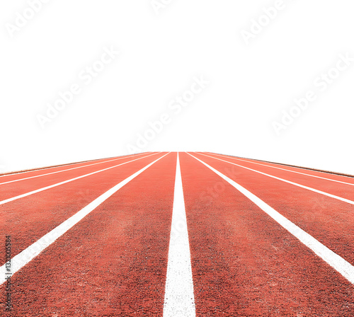 straight section of running track with vibrant red surface and white lines, creating sense of depth and perspective. Ideal for sports and athletic themes