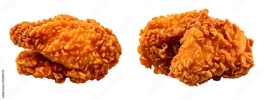 Crispy fried chicken pieces isolated on transparent background, showcasing golden brown, crunchy texture that evokes delicious and appetizing feeling