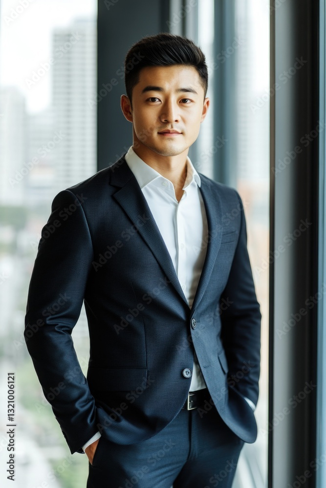 Smiling, looking forward in formal suit with city skyline background Smiling, looking forward in formal suit with city skyline background