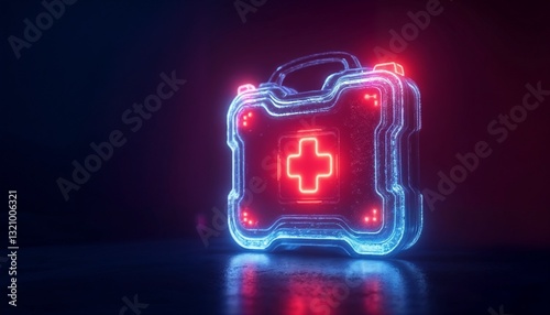Futuristic glowing first aid kit with neon red cross symbol  