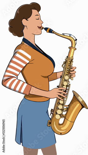 Young woman saxophonist playing her saxophone with closed eyes