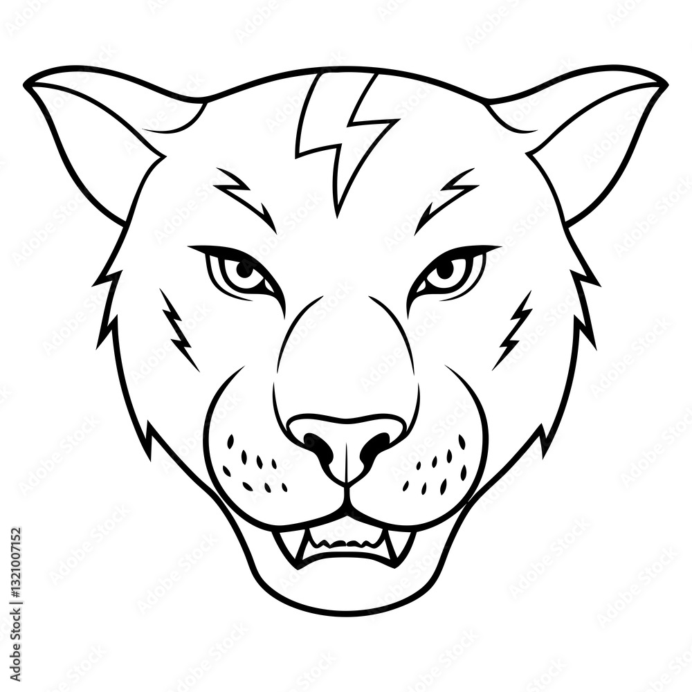 the fierce face of a cougar with a lightning bolt on its head in a black outline illustration the fierce face of a cougar with a lightning bolt on its head in a black outline illustration